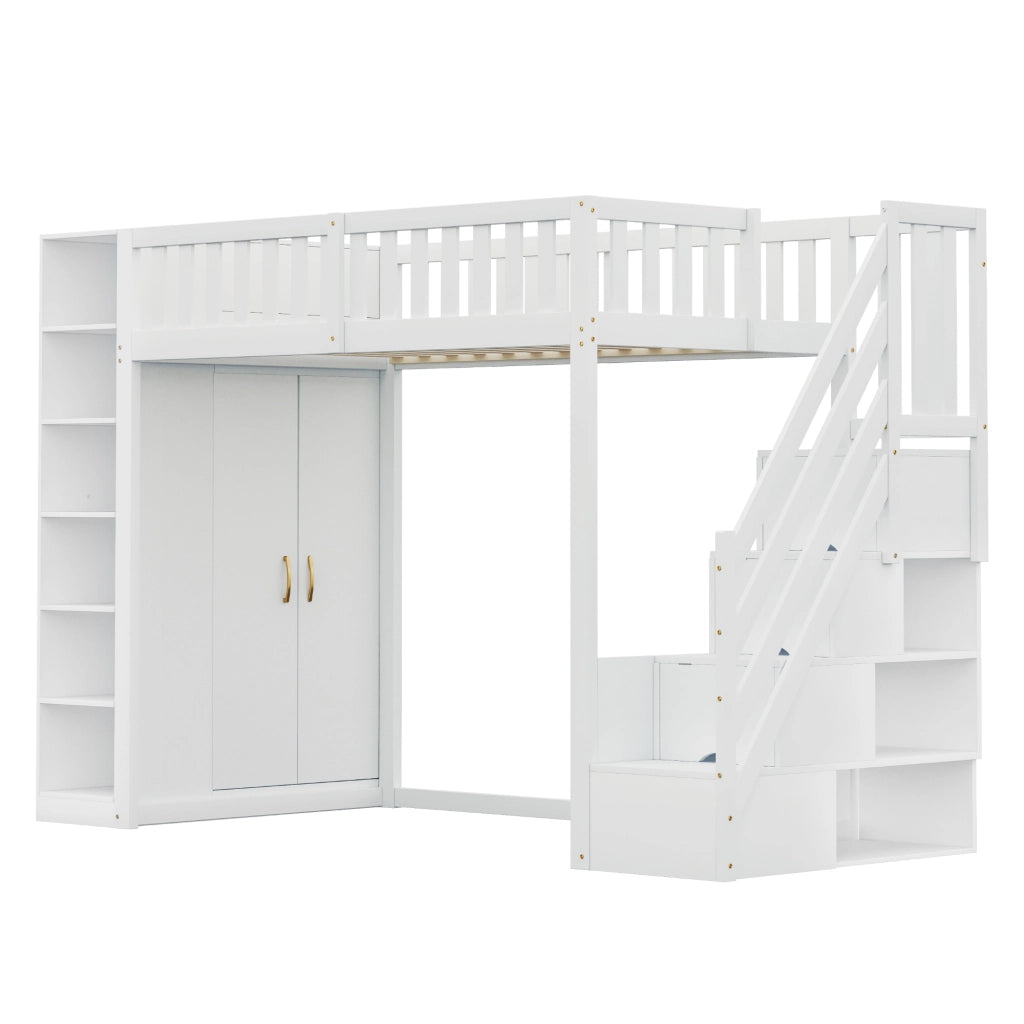 Letto a soppalco 90x200 cm con armadio integrato; mensole e scala contenitore bianco