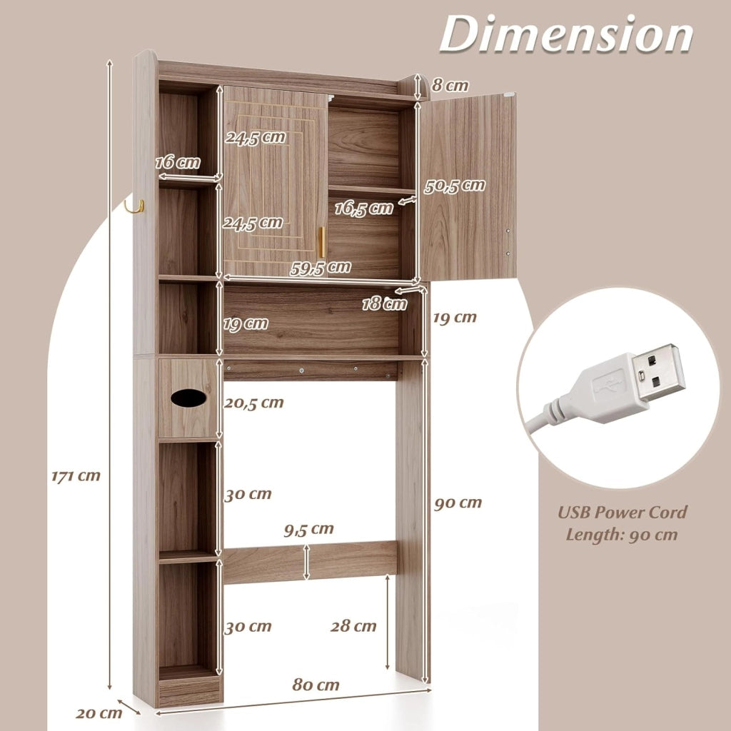 Mobile su WC con striscia luminosa, armadio da bagno con porte, ripiani aperti, supporto per carta igienica e gancio laterale, 80 x 20 x 171 cm, scaffale di stoccaggio (Grigio)