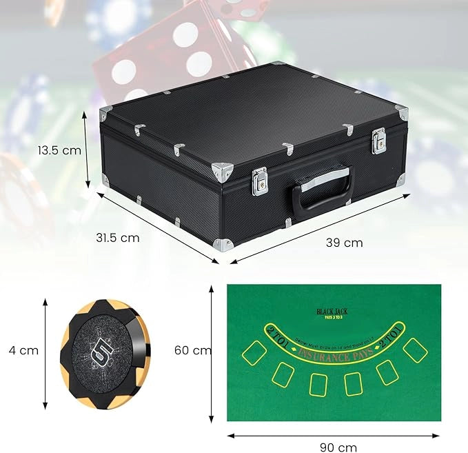 Set di Fiches da Poker con 300/600 Fiches, 2/6 Mazzi di Carte 5 Dadi Mescolatore Automatico di Carte e Tappeto, Scatola Portatile, Poker Chips per Party Viaggi e Feste (300 PCS)