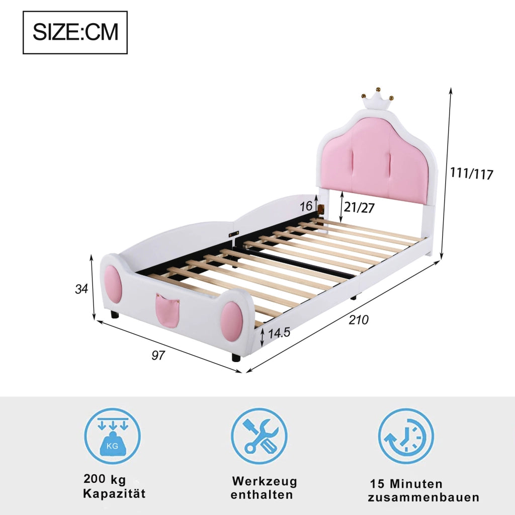 LETTO imbottito 90x200 cm bianco/rosa in pelle sintetica