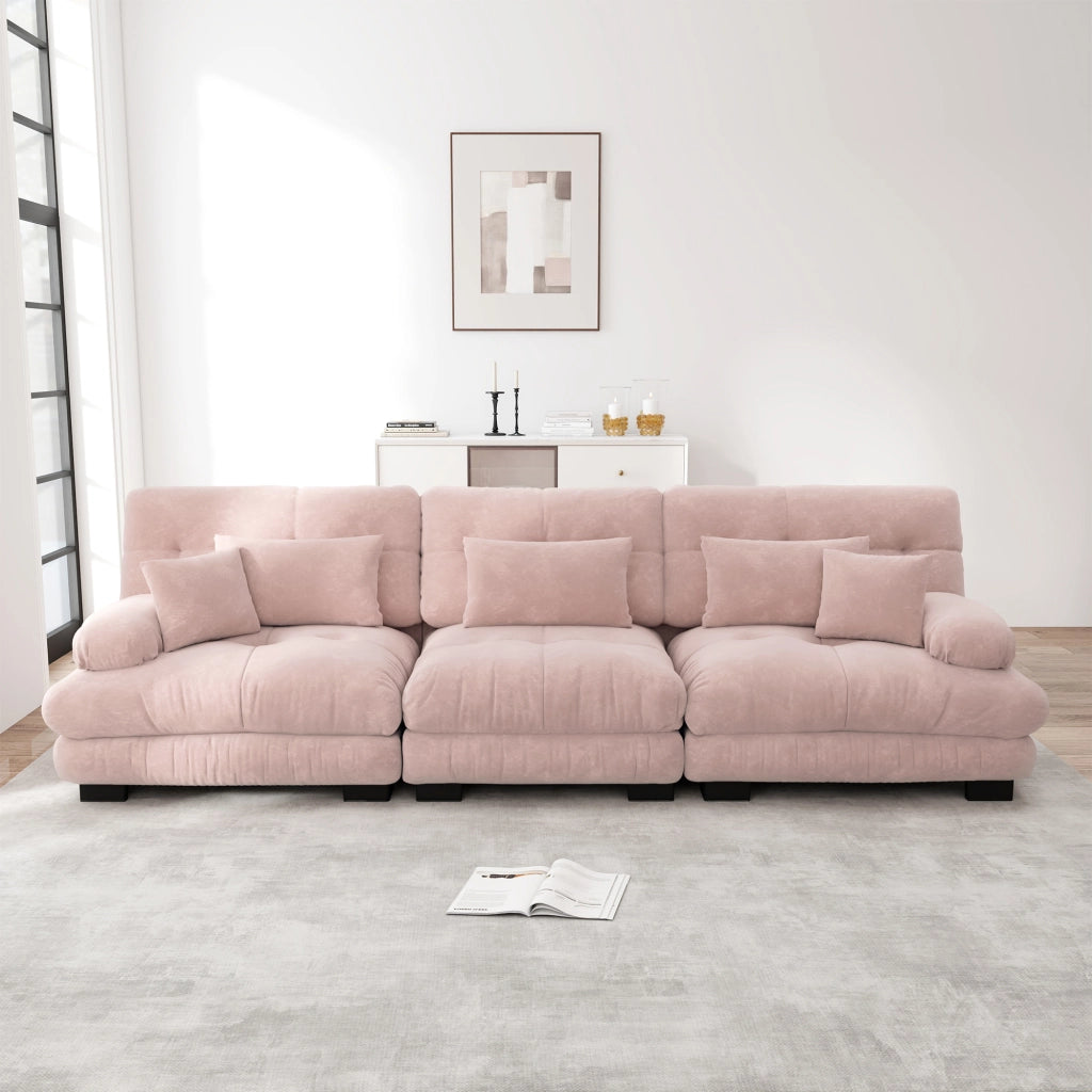 Canapé d'angle modulare 3 posti con seduta profonda e braccioli arrotondati in ciniglia rosa per salotto e ufficio