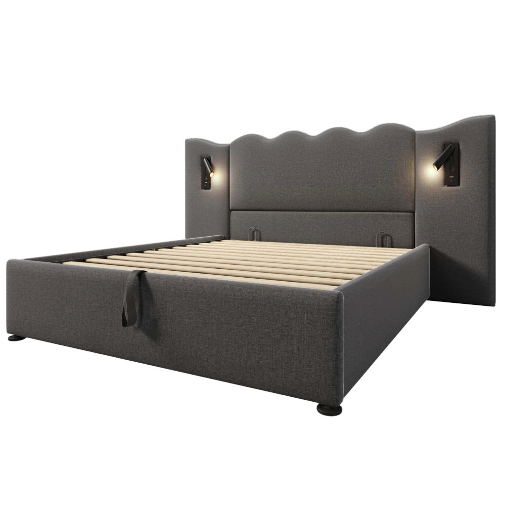 Letto matrimoniale contenitore ULEVR 160x200 cm con lampada orientabile, 2 USB e 2 Type-C, lino grigio