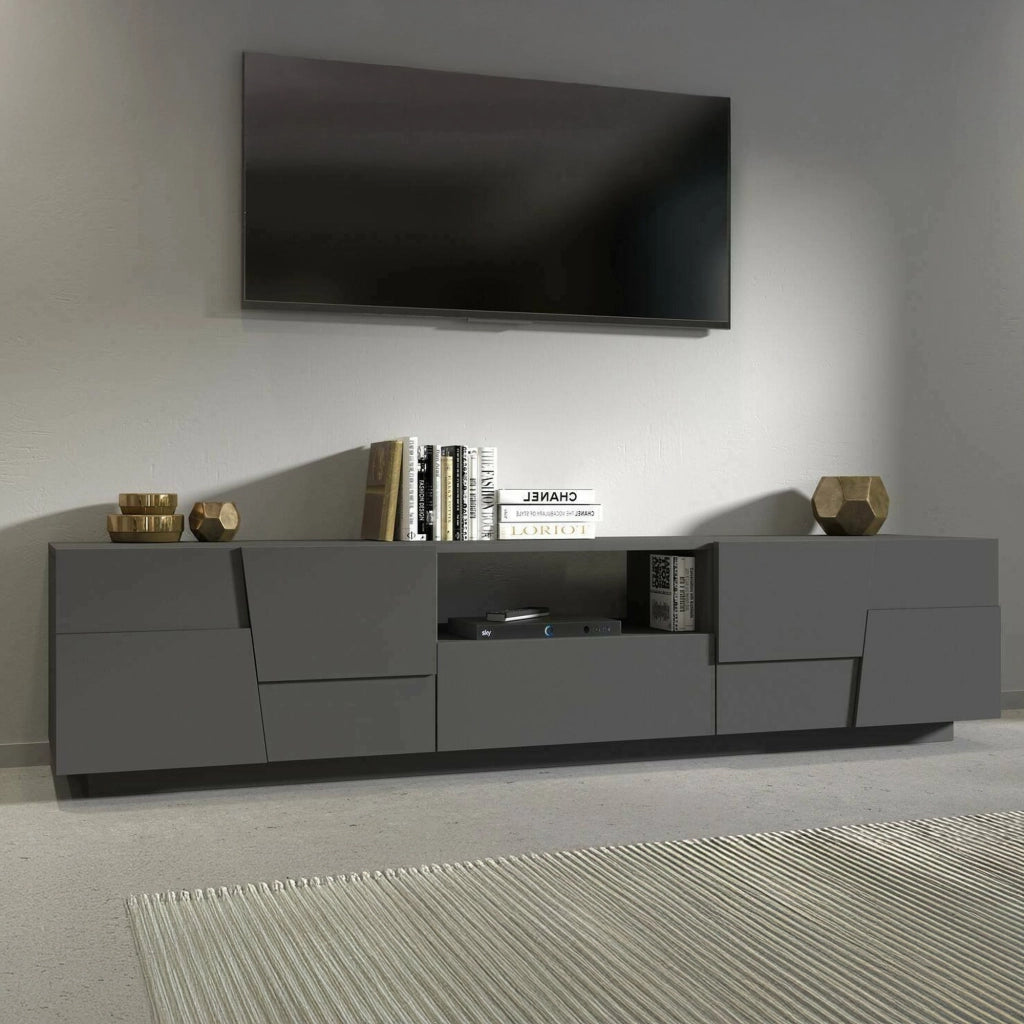 Mobile porta TV Maestrale, Credenza bassa da soggiorno con 4 ante e 1 cassetto, Base porta TV, 220x44h46 cm, Antracite