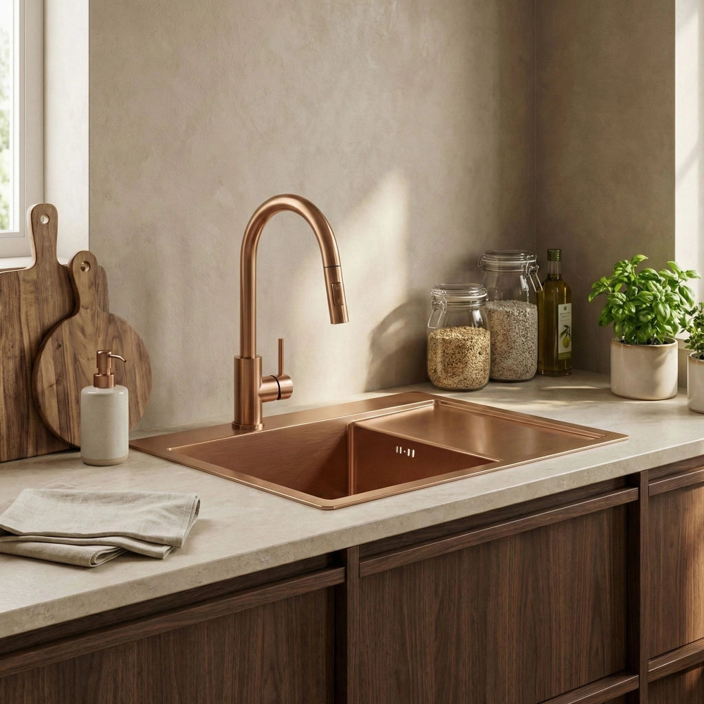 Lavello In Acciaio Fin Brush Copper con rubinetto da cucina