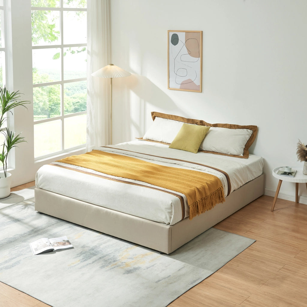 Letto Matrimoniale Contenitore Nola 160x200 cm Apertura a Ribalta Rivestito in Tessuto Lino - Beige [en.casa]