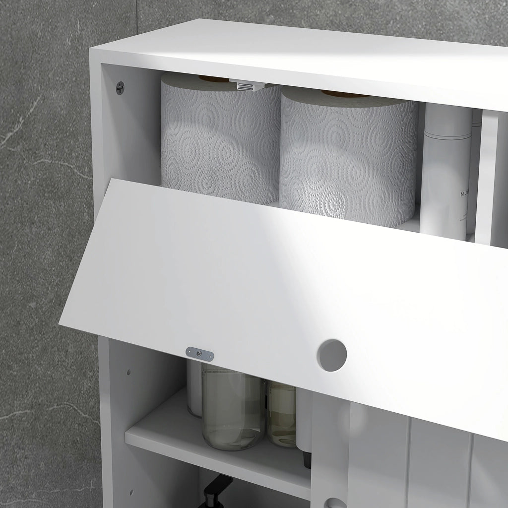 Mobile Bagno Stretto 52x17x67 cm con Ruote Ante Scorrevoli Ripiani Regolabili e 2 Fori per Carta Igienica Bianco