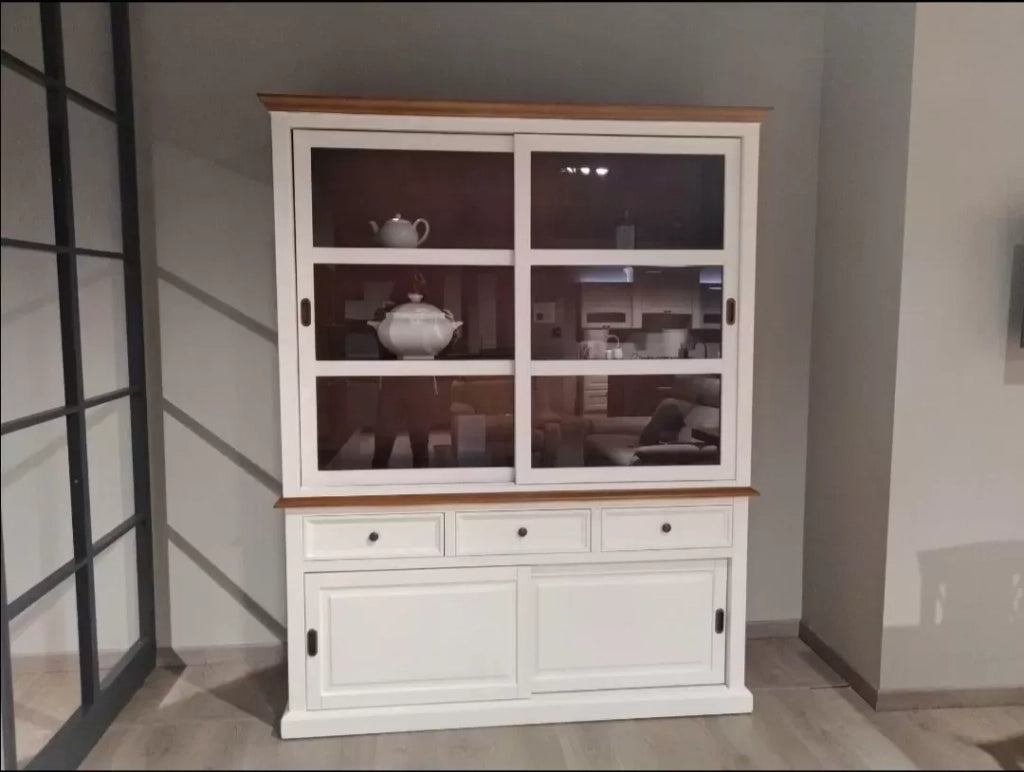 Cristalliera 2 porte scorrevoli in legno bianco/naturale l.157 p.53 h.200 - Mobili 2G