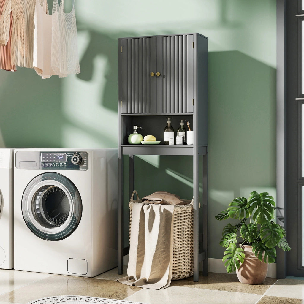 Mobile portaoggetti wc ante scanalate ripiano regolabile barra inferiore-Mobili da Bagno Organizer bagno alto indipendente salvaspazio Grigio