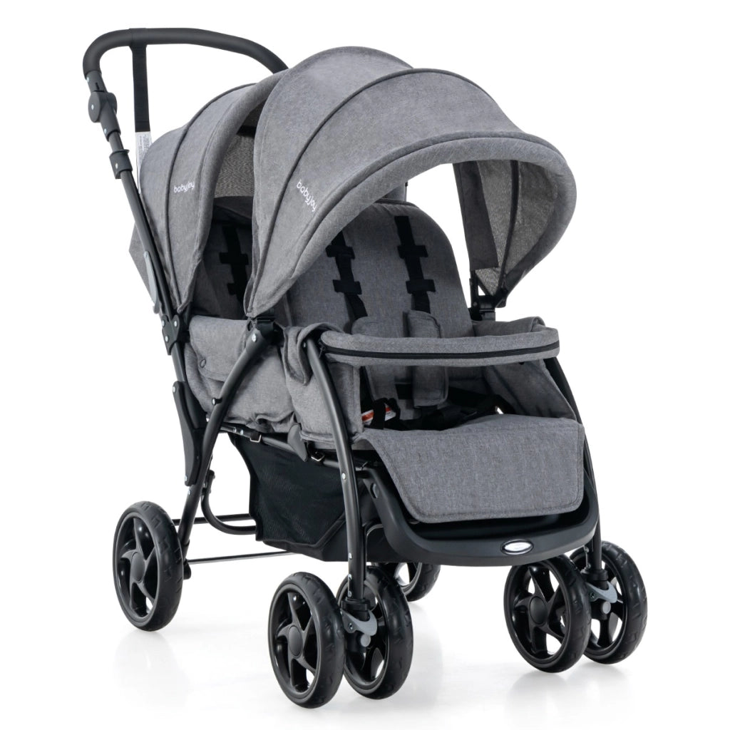 Passeggino doppio pieghevole per bambini con seduta in tandem e tettuccio, Passeggino portatile per bambini Grigio-Passeggini per bimbi