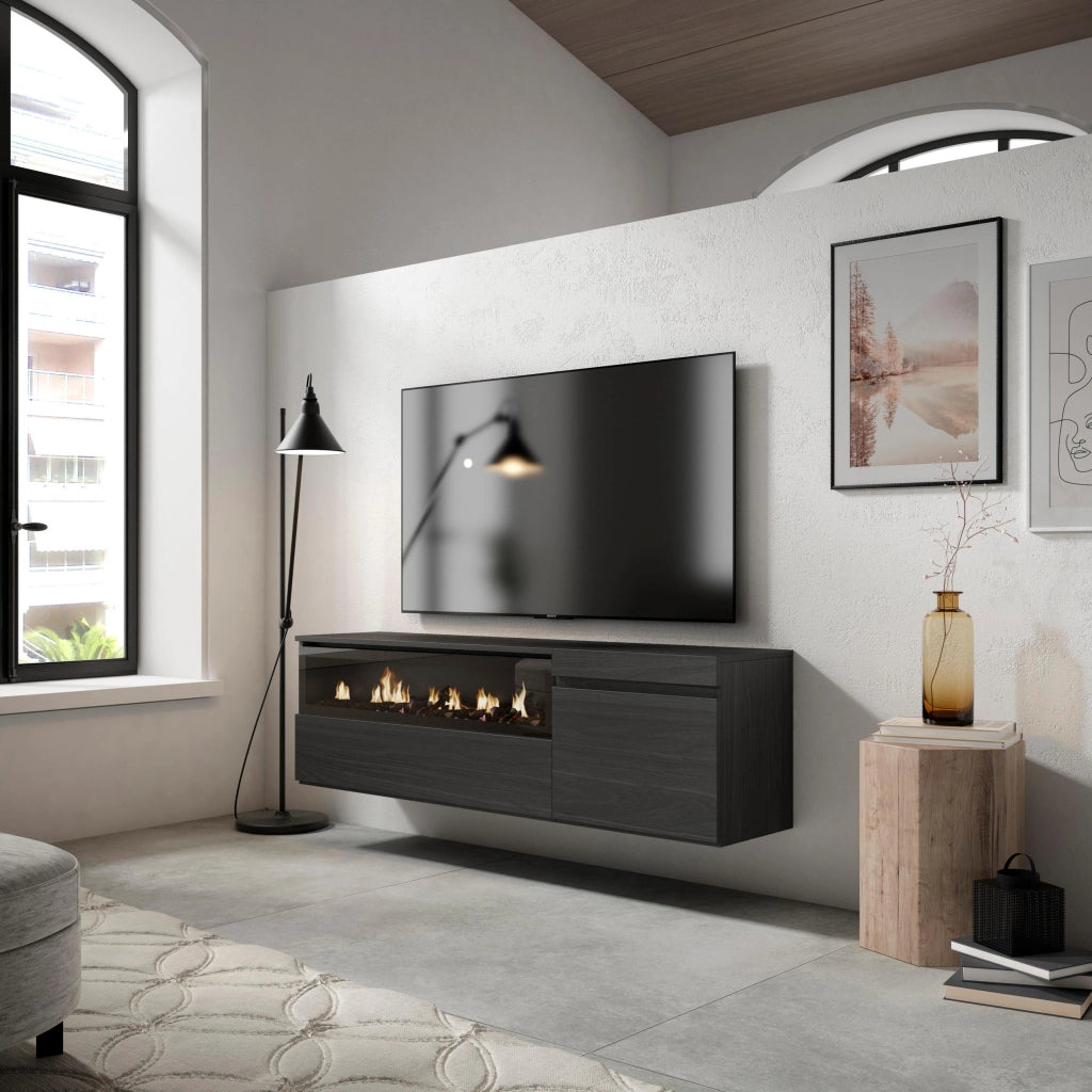 Mobile TV Soggiorno, 150x35x45cm, Per TV fino a 65", Camino elettrico, da appendere, Nero RF2480