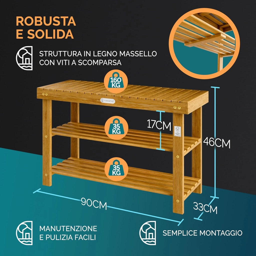 ® Scarpiera con Seduta in Legno Capacità 160 kg Certificata FSC® Acacia 3 livelli Panca Bagno Corridoio Marrone