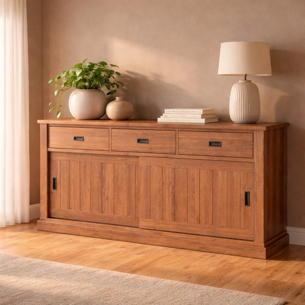 Credenza Per Soggiorno Con 3 Cassetti 2 Ante Scorrevoli E 4 Ripiani Interni Mobile Buffet Madia Per Cucina E Zona Living Design Classico Moderno 220 X 50 X 95 Cm Noce