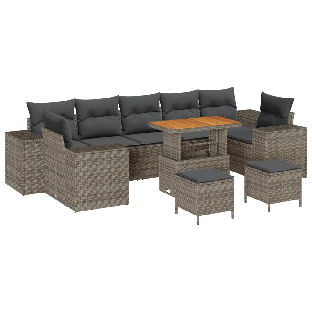 Set divano da giardino  con cuscini grigi in rattan polivinilico e acacia