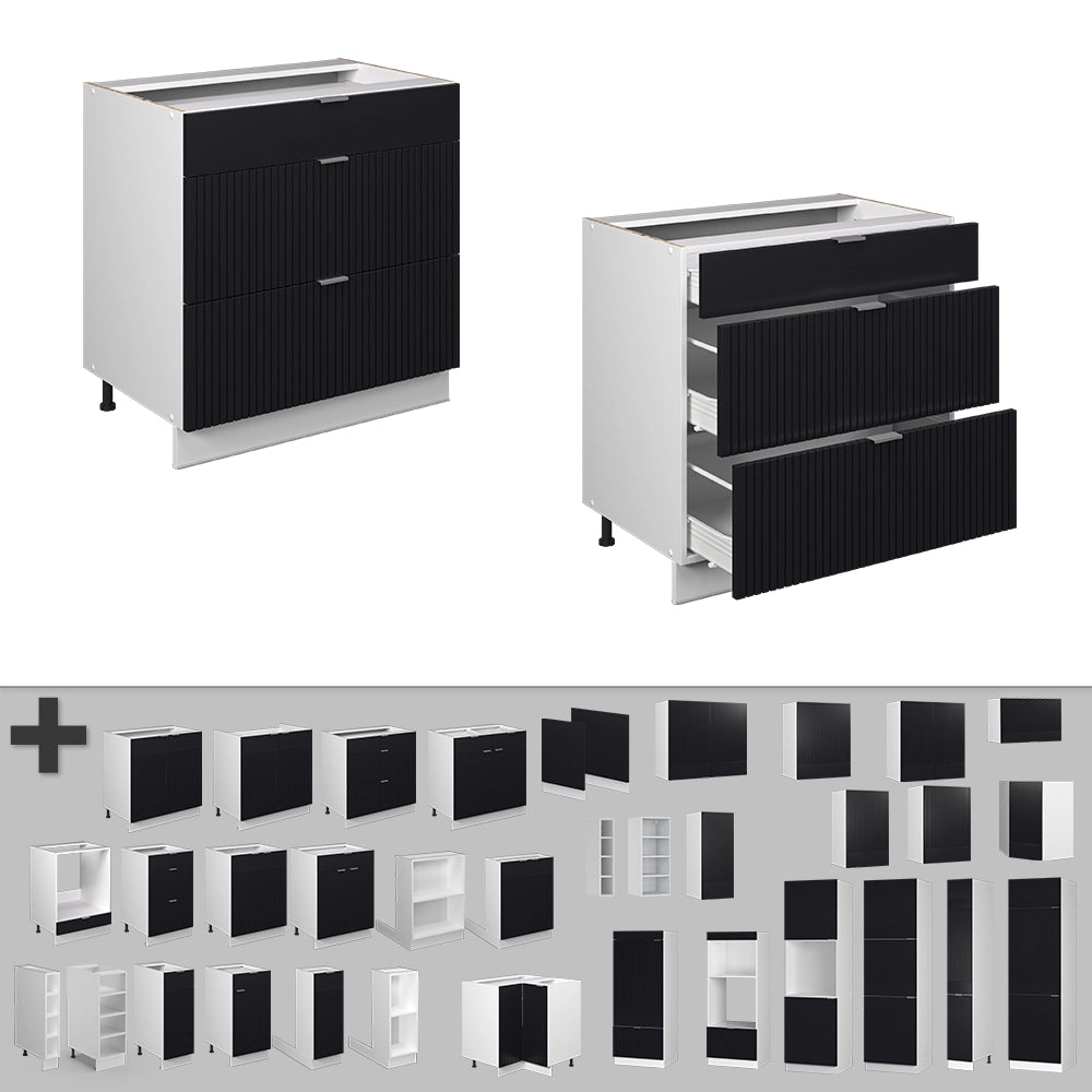 Vicco Mobiletto base per cucina Nero a righe 80 cm con 3 cassetti, senza piano di lavoro