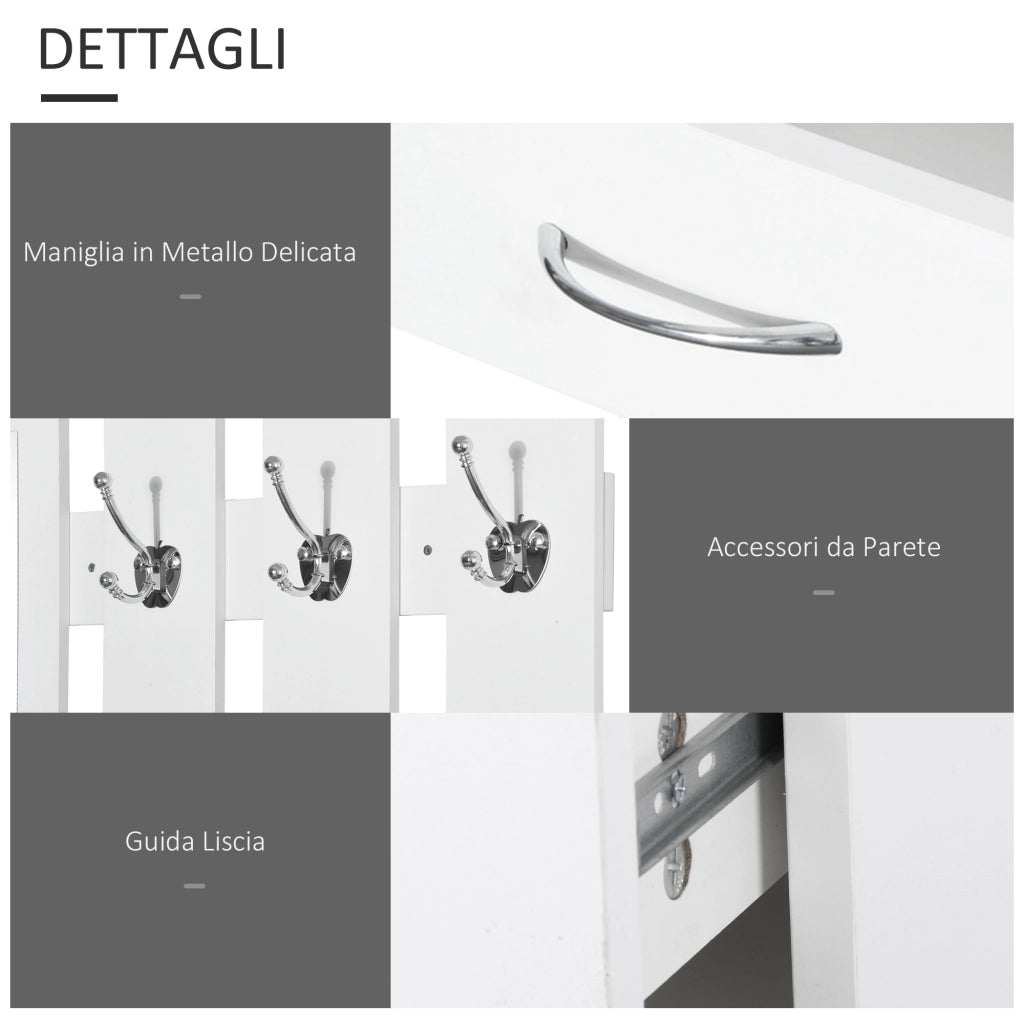 EasyComfort Set Mobili Ingresso Moderno con Scarpiera e Specchio, Appendiabiti da Ingresso con 6 Ganci, 2 Ripiani Regolabili e Cassetti in Legno per Corridoio, 90x24x166 cm, Bianco