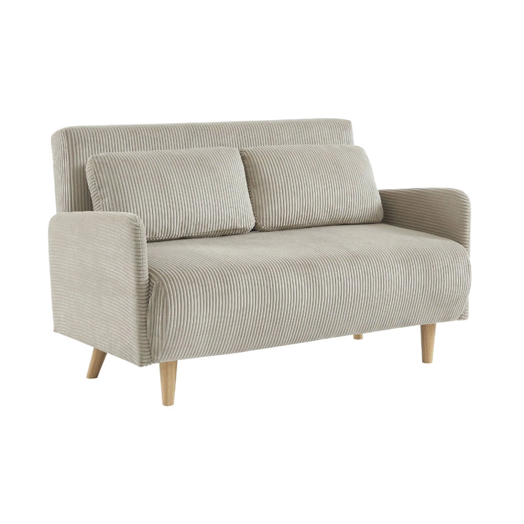 Divano letto in velluto a coste con gambe in legno, 2 posti, beige