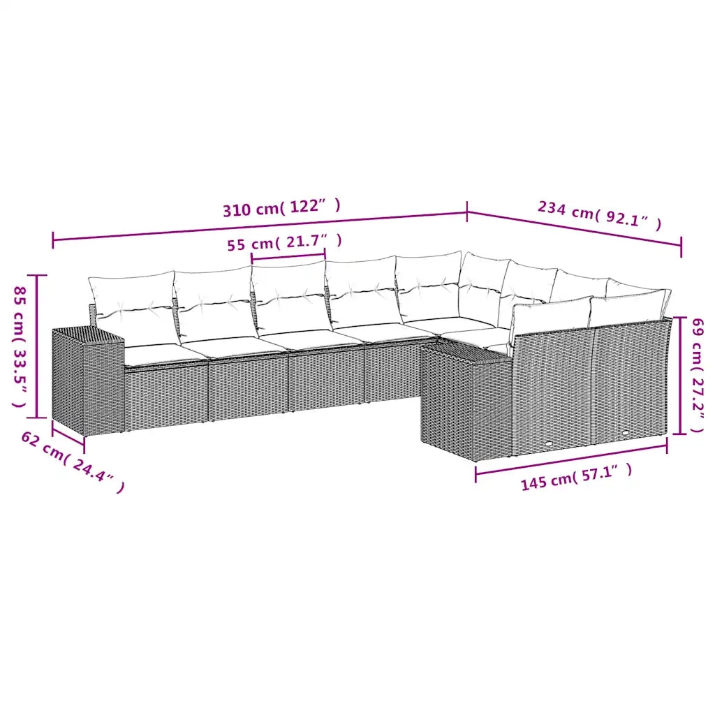 Set Divani da Giardino 9pz con Cuscini Marrone in Polyrattan