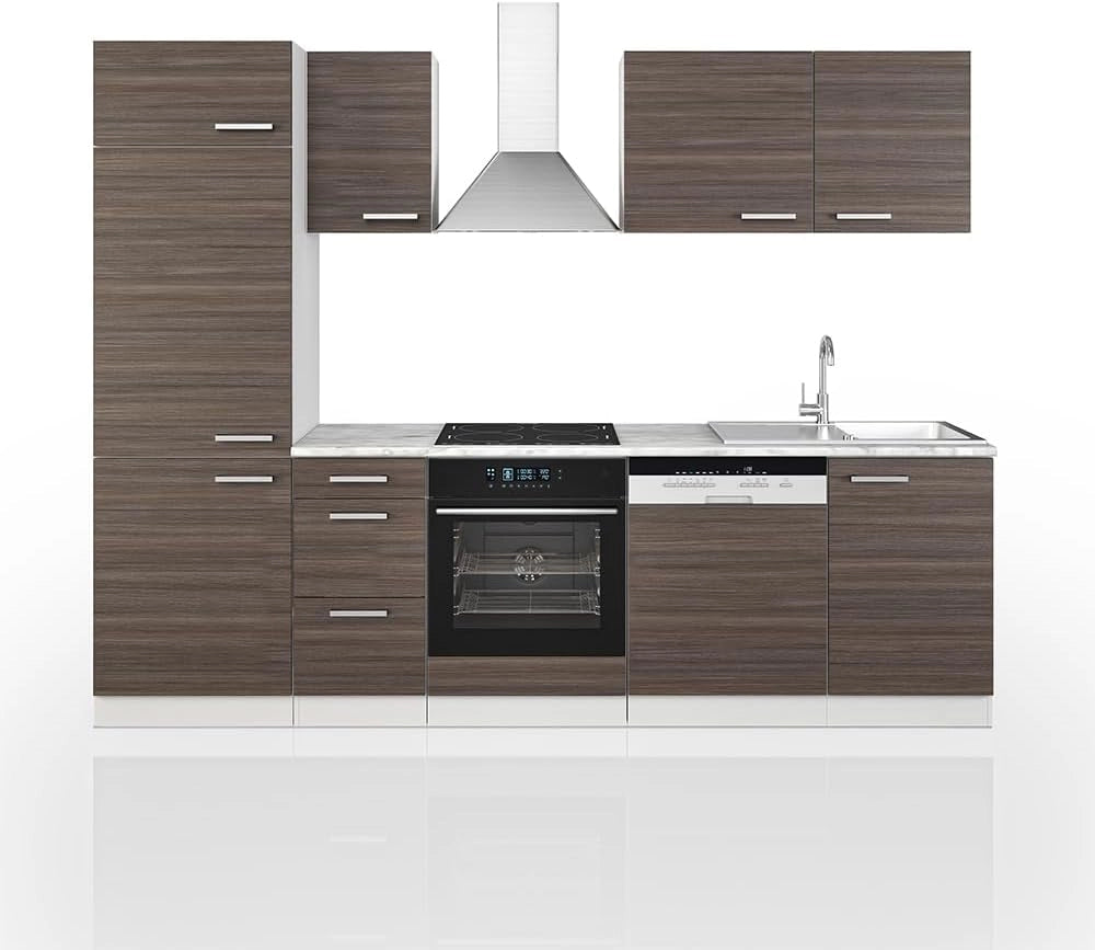 Cucina componibile Optima, Grigio prezioso/bianco, 270 cm senza piano di lavoro con striscia LED, adatto per disposizione e ampliamento personalizzati