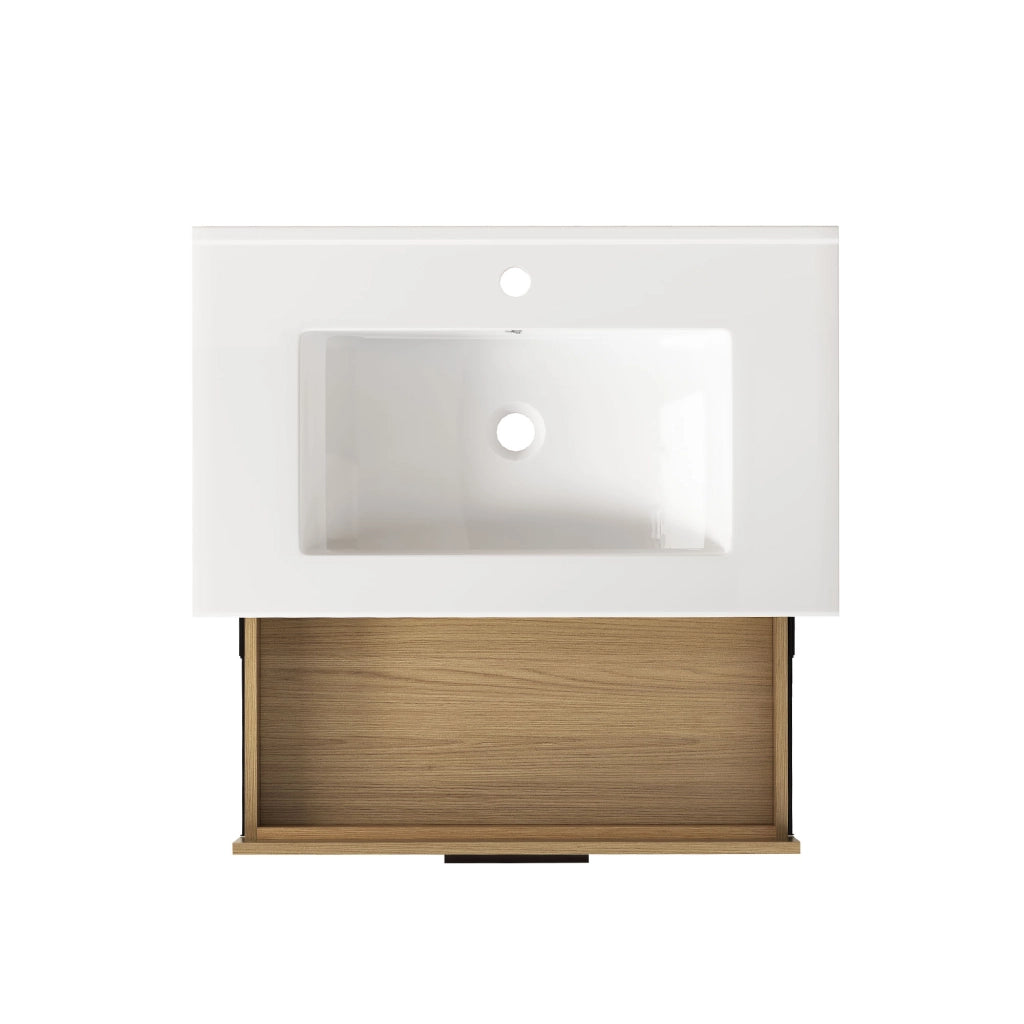 Armadietto da bagno con 2 cassetti in MDF e ceramica rovere chiaro larghezza 75 cm