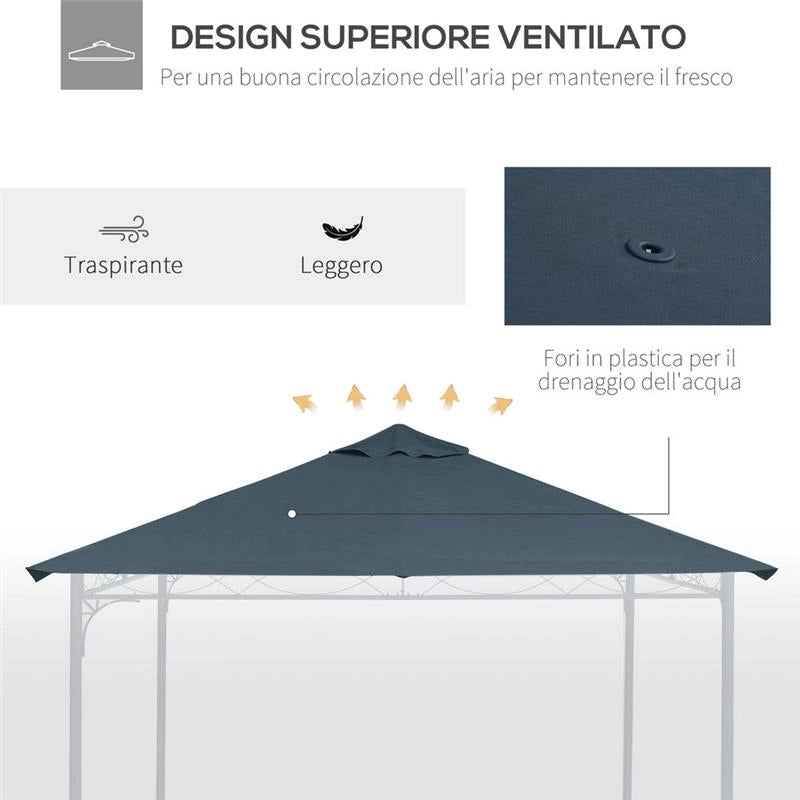 TETTO DI RICAMBIO 3X3M, TELO SOSTITUTIVO PER GAZEBO IN POLIESTERE CON 8 FORI DI VENTILAZIONE, GRIGIO