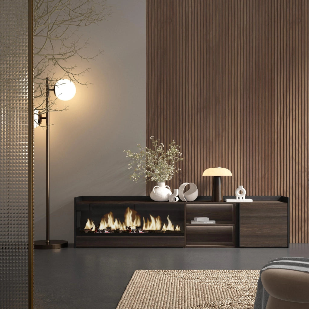 Mobile TV Soggiorno, 212x50x35 cm, Per TV fino a 80", Camino elettrico XXL, LED, Rovere scuro e Nero