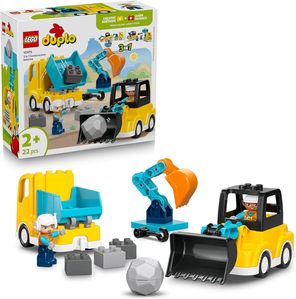 LEGO DUPLO Veicoli da Cantiere 3 in 1 - Gioco Didattico Montessori con Camion, Escavatore e Gru Giocattolo, Eta 2+