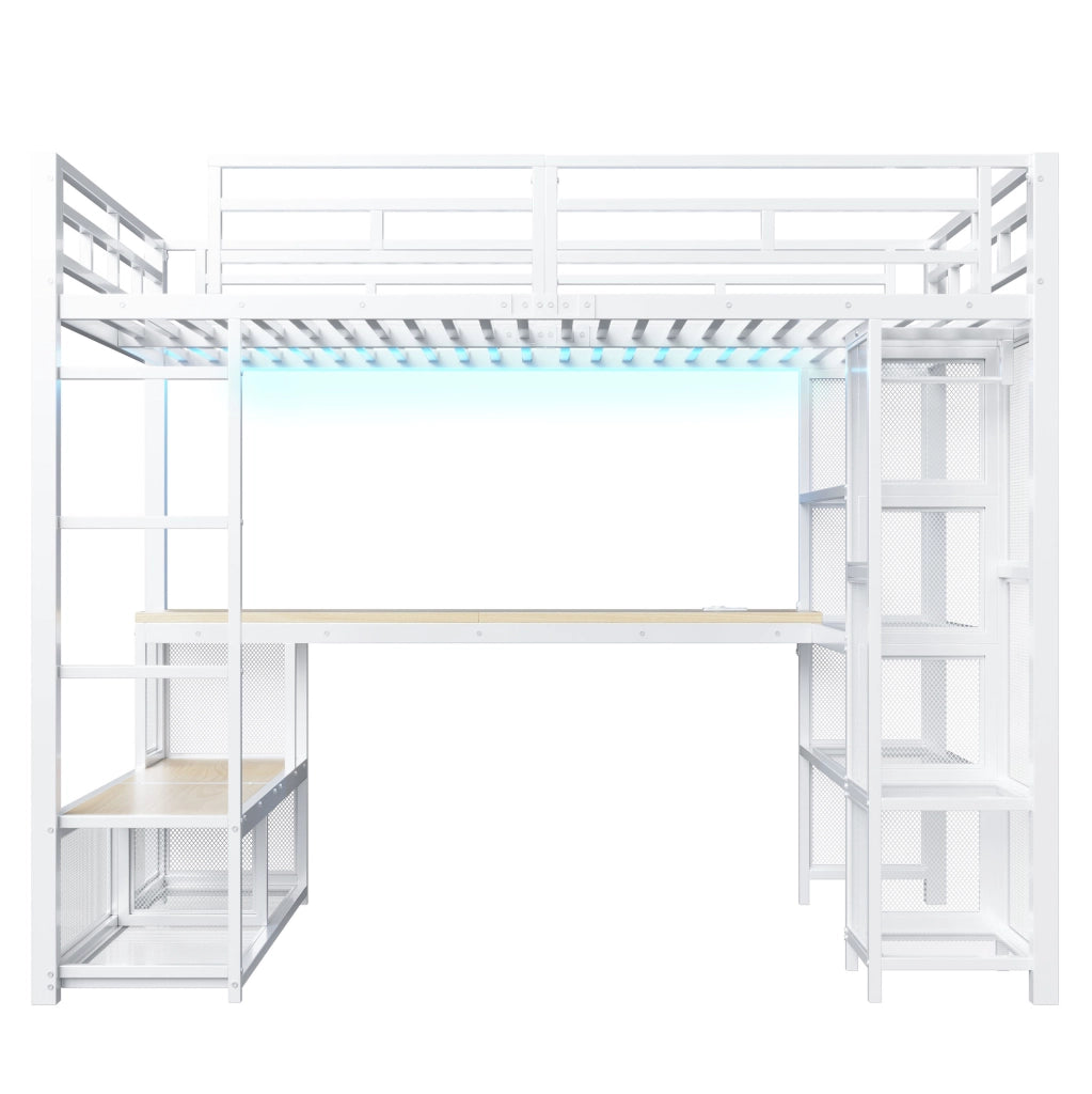 Letto a soppalco 140x200 con scrivania, LED e armadio