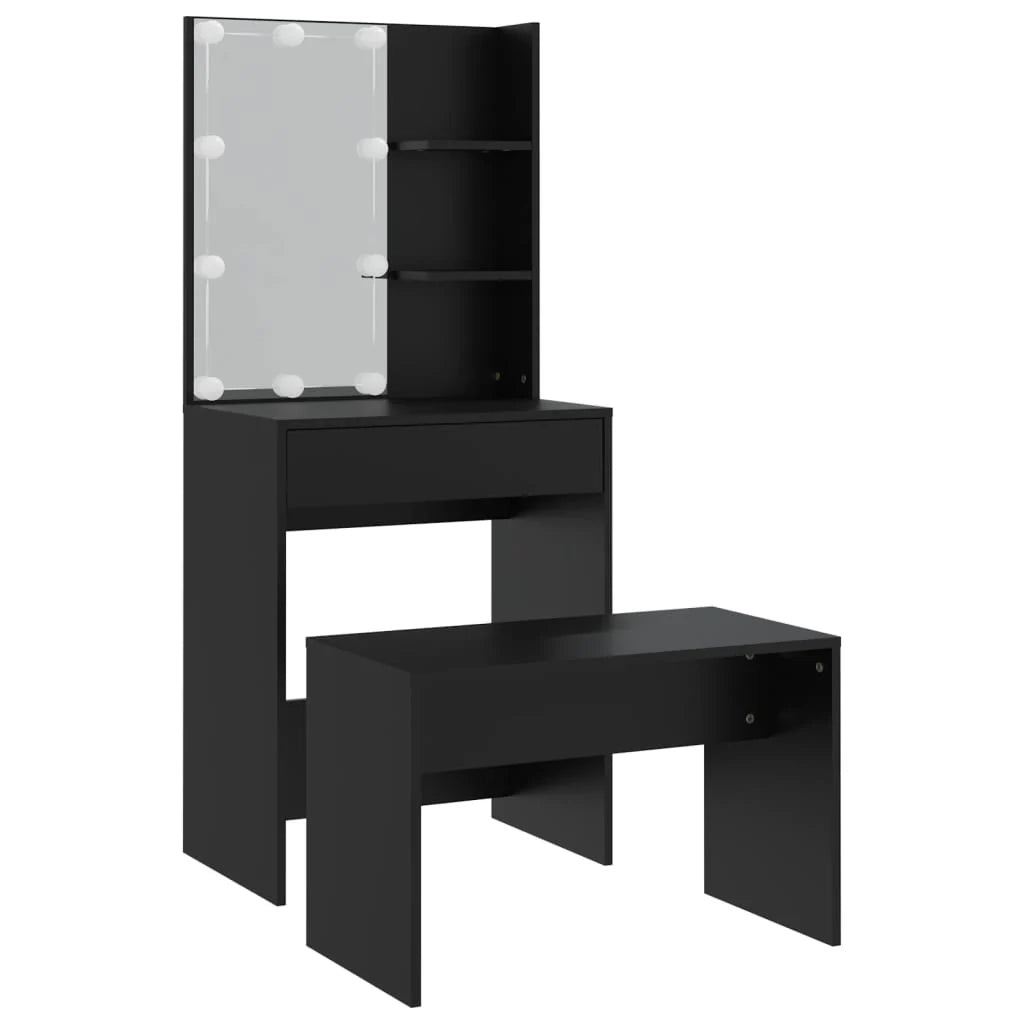 Set da toeletta con sgabello con illuminazione a LED 60 x 40 x 140 cm legno ingegnerizzato nero 02_0006322