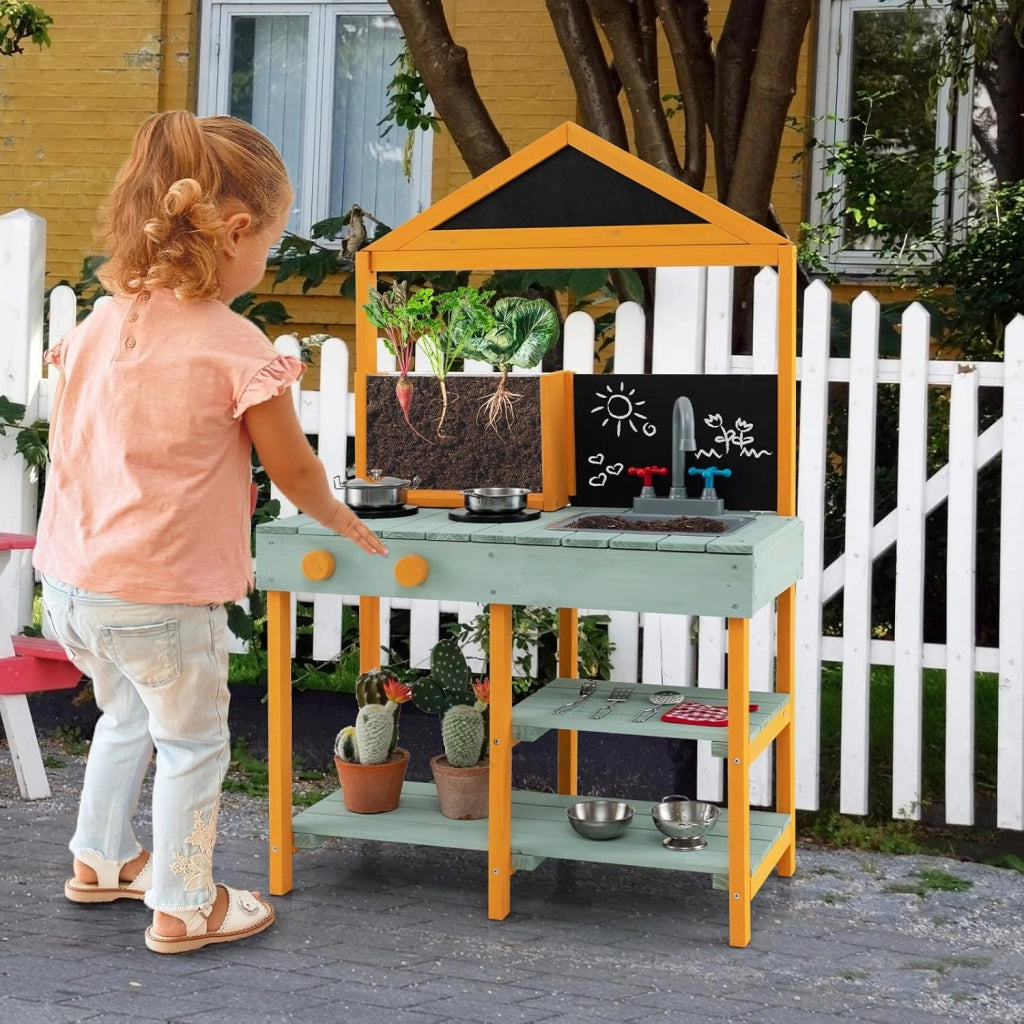 Cucina Giocattolo per Giardino con Vaso da Piantinaggio Trasparente, Rubinetto e Lavandino Rimovibile, Cucina in Legno di Abete per Bambini, Set Cucina con 8 Accessori (Verde e Arancio)