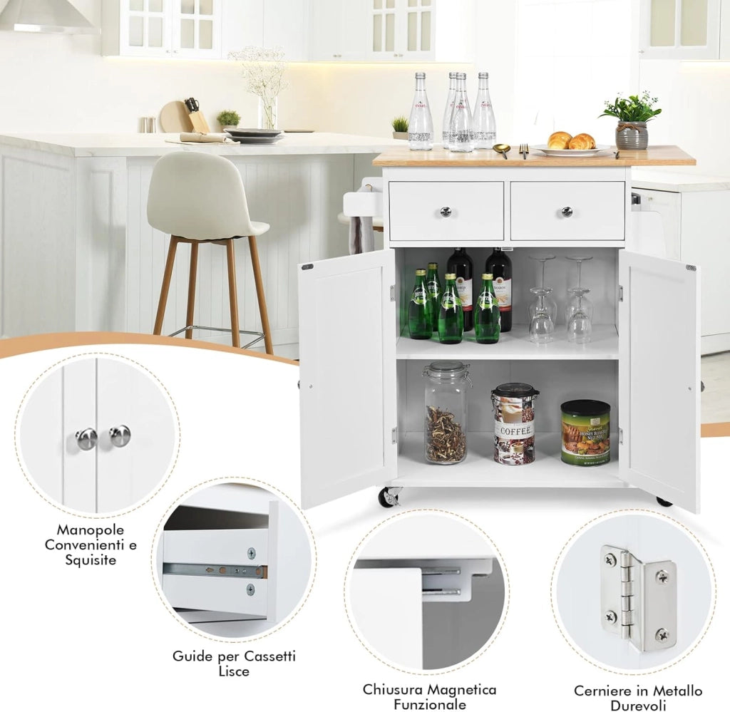 Carrello di Servizio Cucina con Ruote, 2 Cassetti e Portaspezie, Portasciugamani e 2 Porte, Ideale per Casa Ristorante e Bar, MDF + legno di gomma 88x45x89,5 cm (Bianco)