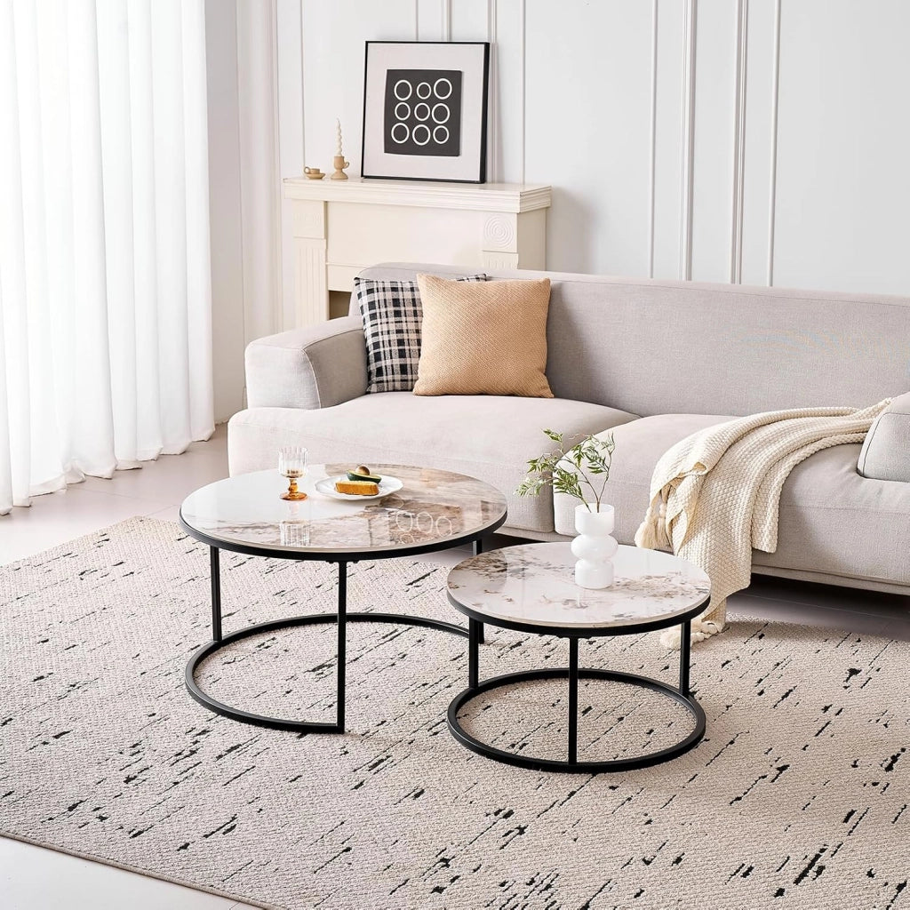 GrandCA HOME Set di 2 Tavolini Rotondi da Caffè, Tavolini Impilabili Moderni per il Soggiorno, Struttura in Metallo Nero, 50 cm e 70 cm, Realizzati in Marmo Pandora e Pietra Sinterizzata