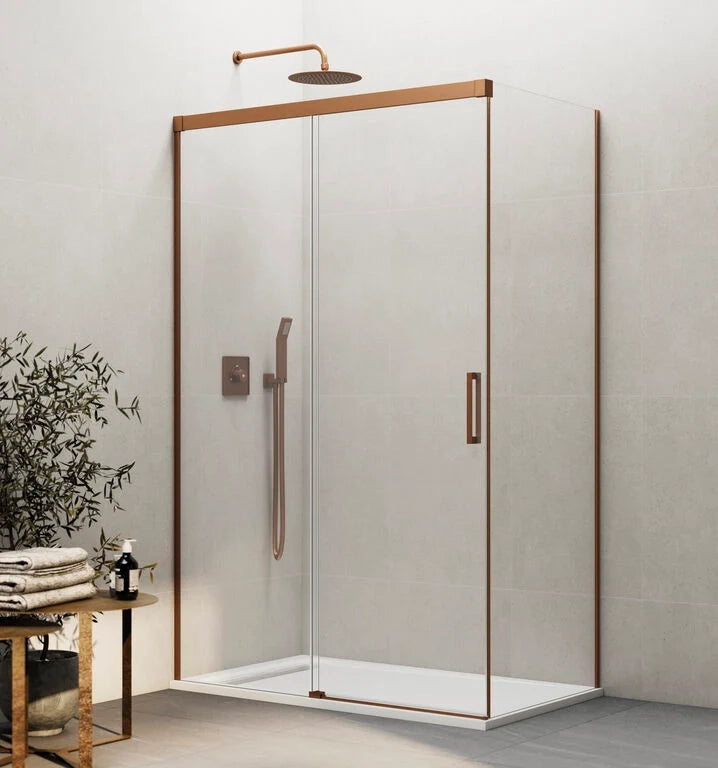 Box doccia angolare BASIC fisso + scorrevole + laterale fisso 110x80 cm (105-110/76,5-79) rame spazzolato vetro trasparente