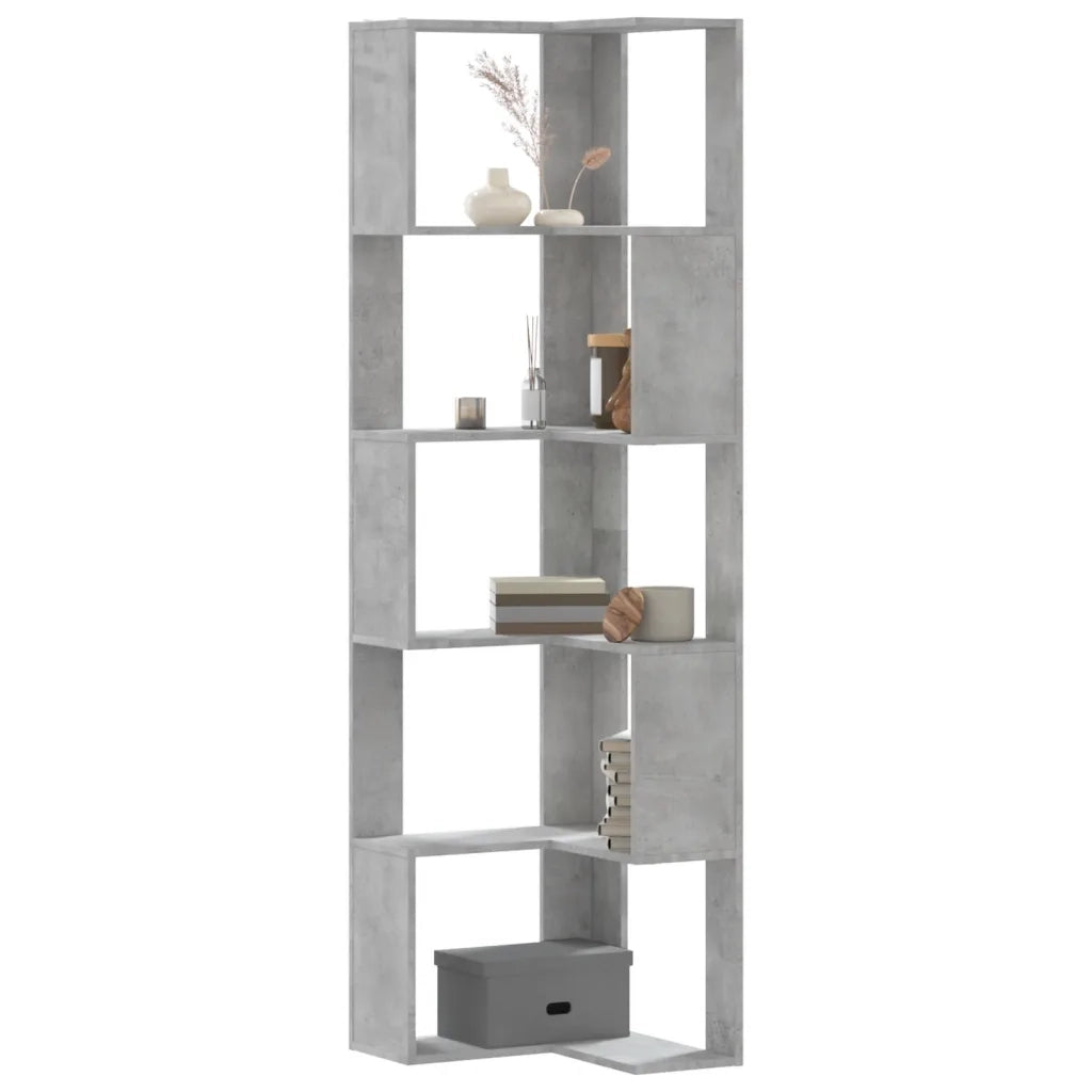 Libreria Angolare 5 Ripiani-Scaffale per Libri-Mobile di Stoccaggio Grigio Cemento 50x50x179 cm Legno