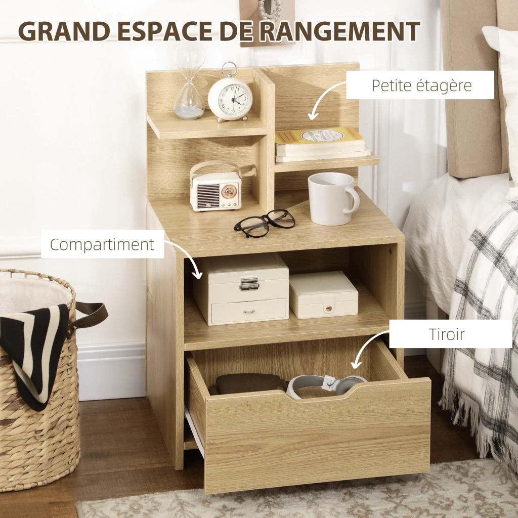Comodino con cassetto, nicchia e ripiani effetto legno ¨C zephmum ¨C naturale 45x35x73 cm