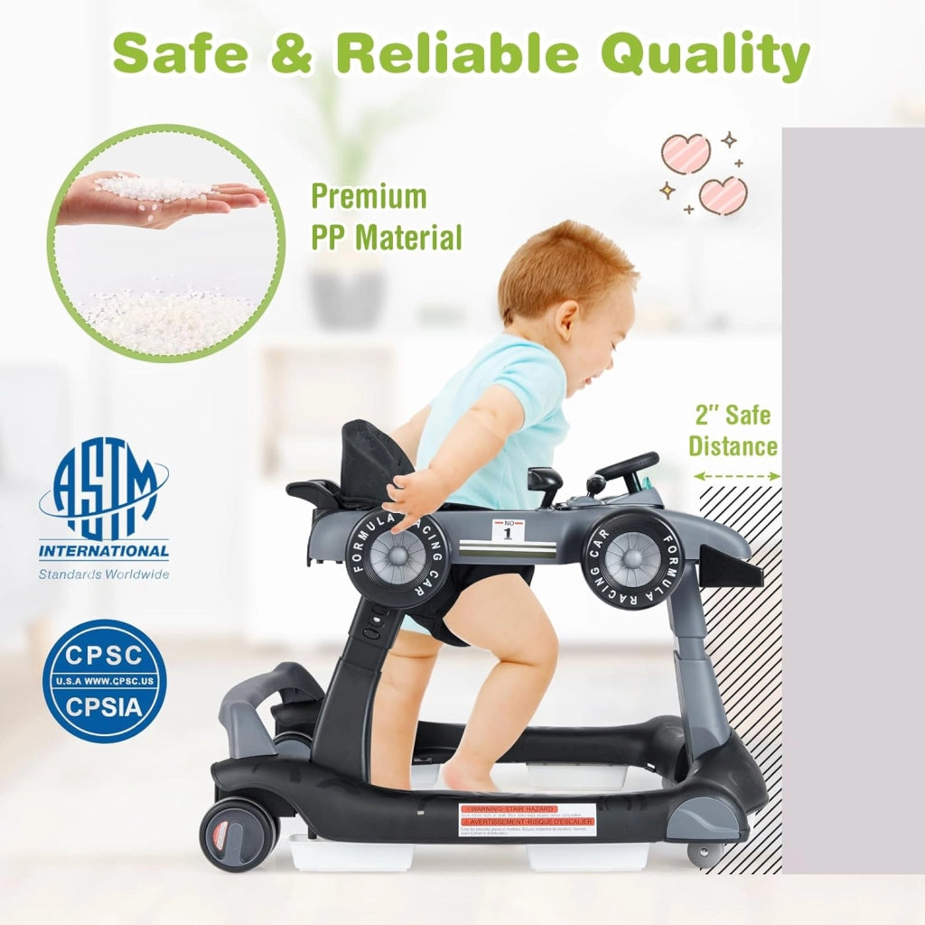 Girello per Bambini 6-18 Mesi, Baby Walker 4 in 1 con Musica e Luci, Primi Passi Piegevole e Portatile, Altezza e Velocità Regolabili, Carrello da Spinta, Forma di Macchinina (Grigio)