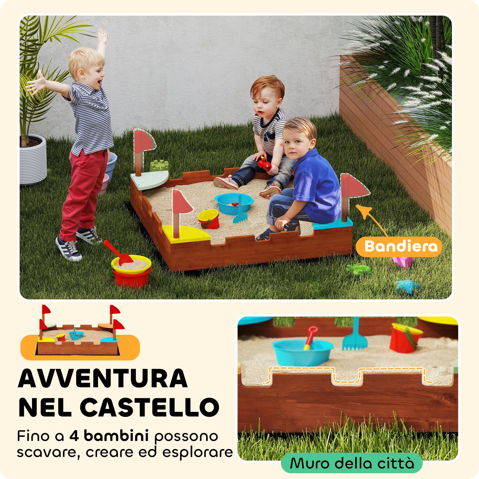 Sabbiera per Bambini 90x90x17 cm con 4 Sedute Angolari in Legno di Abete Multicolore