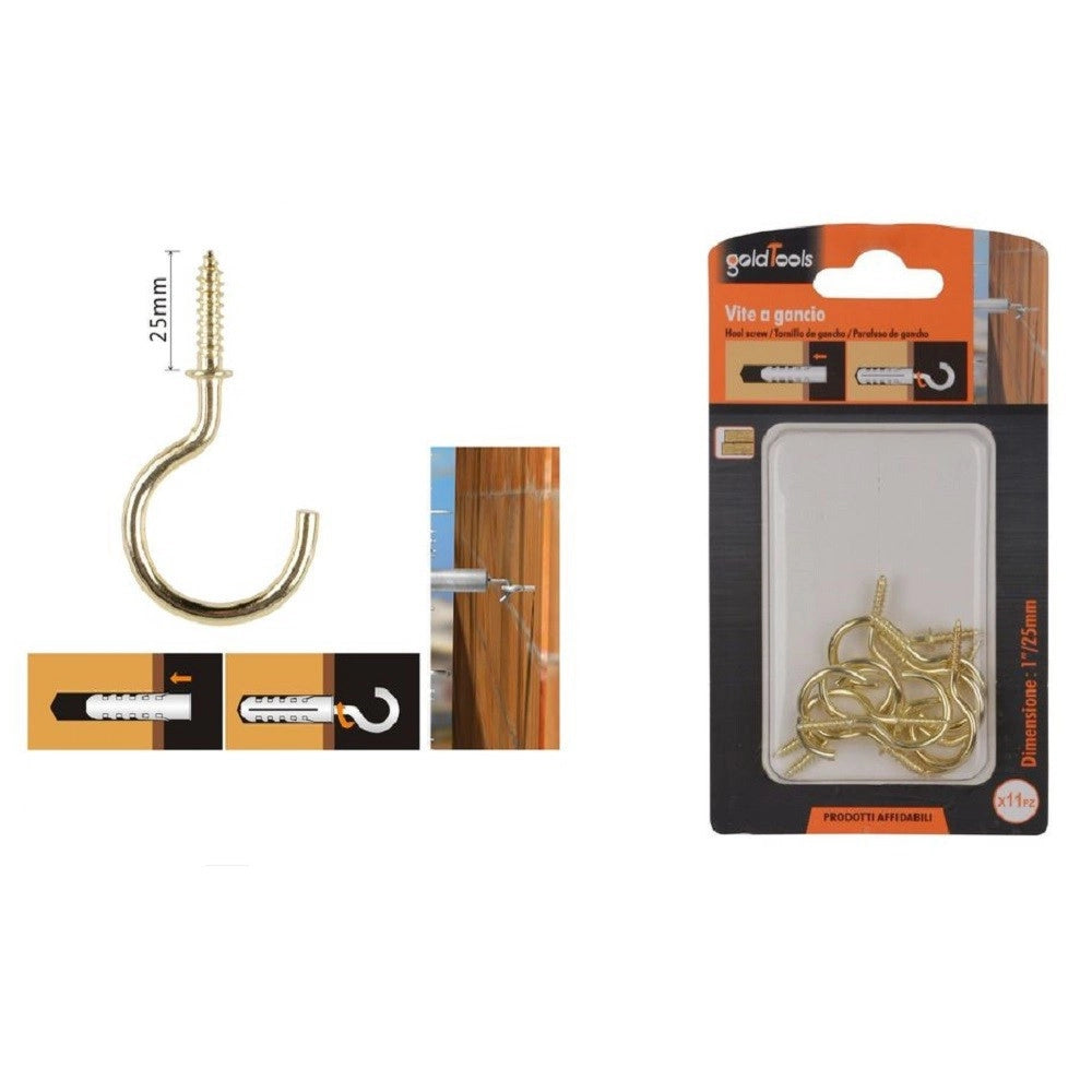 Trade Shop - Set 11 Pezzi Vite A Gancio 1" / 25 Mm Viti Autofilettanti Dorate Per Legno 90807 -