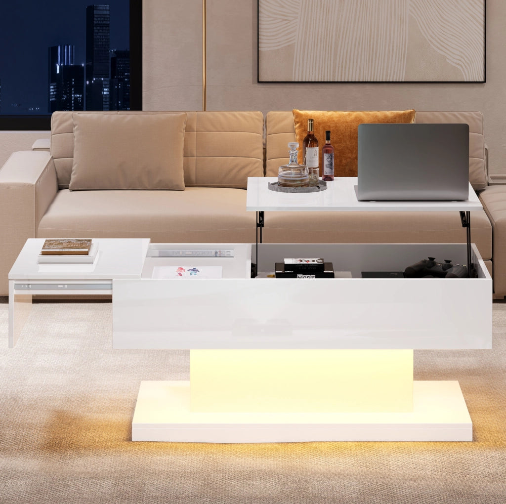 Tavolino da caffè elevabile con LED 100x50x45 cm; truciolare bianco lucido