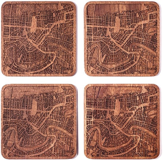 Onderzetters con plancia di città di New Orleans, realizzati in sapele, 4 pezzi, con plancia di città, diverse città opzionale, realizzati a mano