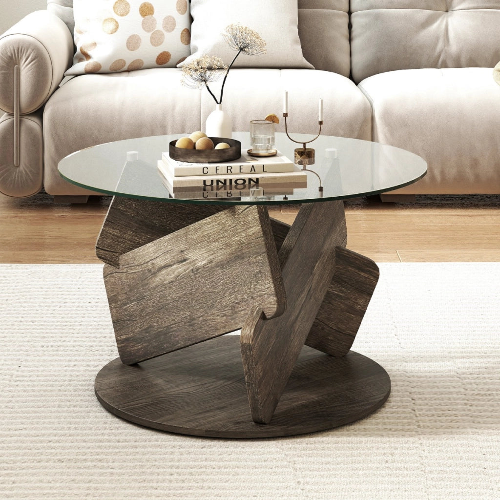 Tavolino rustico con piano in vetro temperato trasparente gambe in legno e dimensioni 81 cm, Tavolino da caff¨¨ rotondo Grigio-Tavolini da salotto