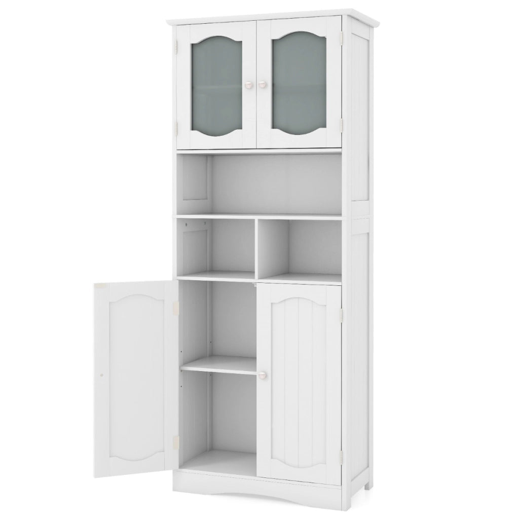 Mobile da bagno alto 148,5cm con porte in vetro satinato e ripiani-Mobile autonomo per cucina soggiorno ufficio Bianco