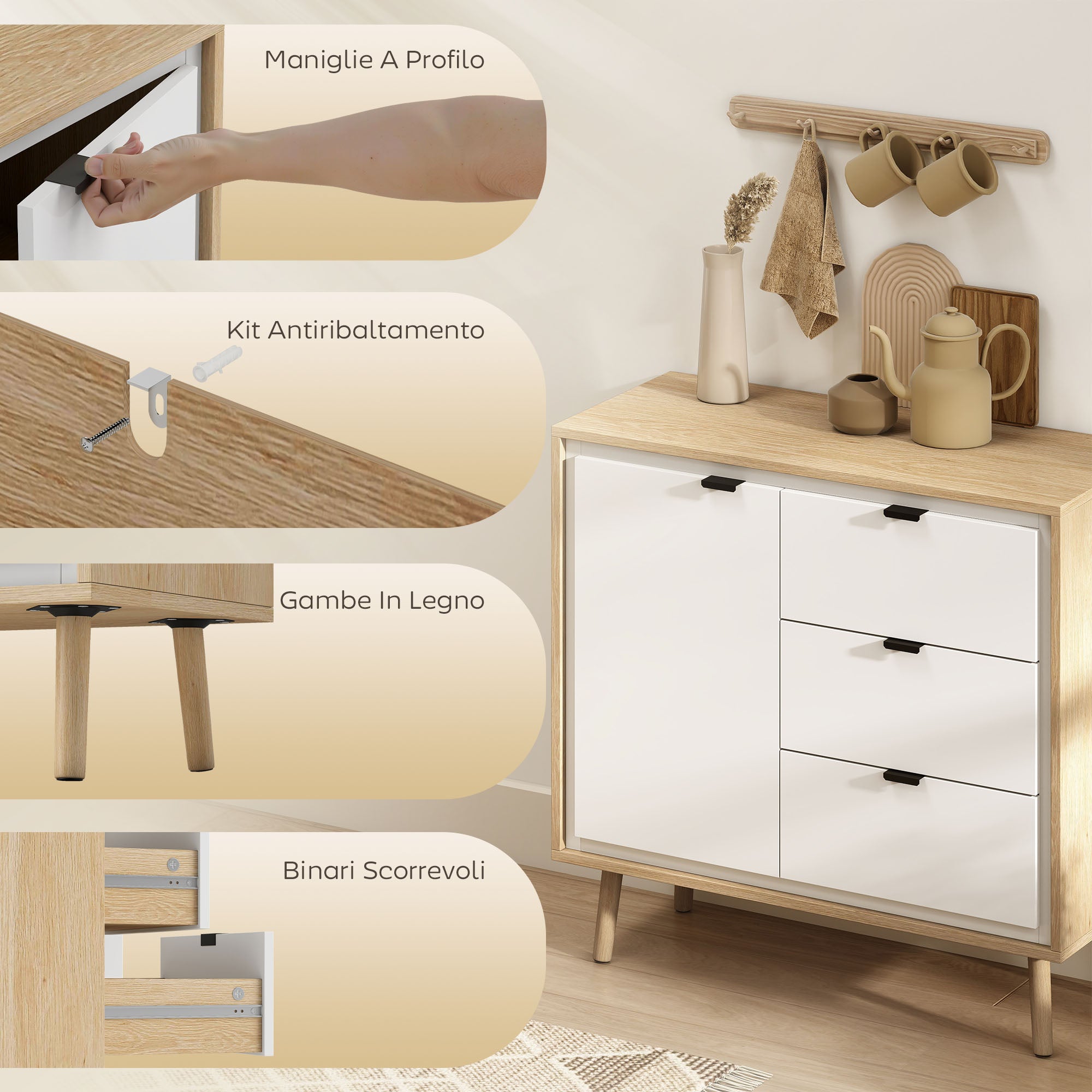 Credenza Moderna con 3 Cassetti e Armadietto Ante Lucide Bianco e Rovere