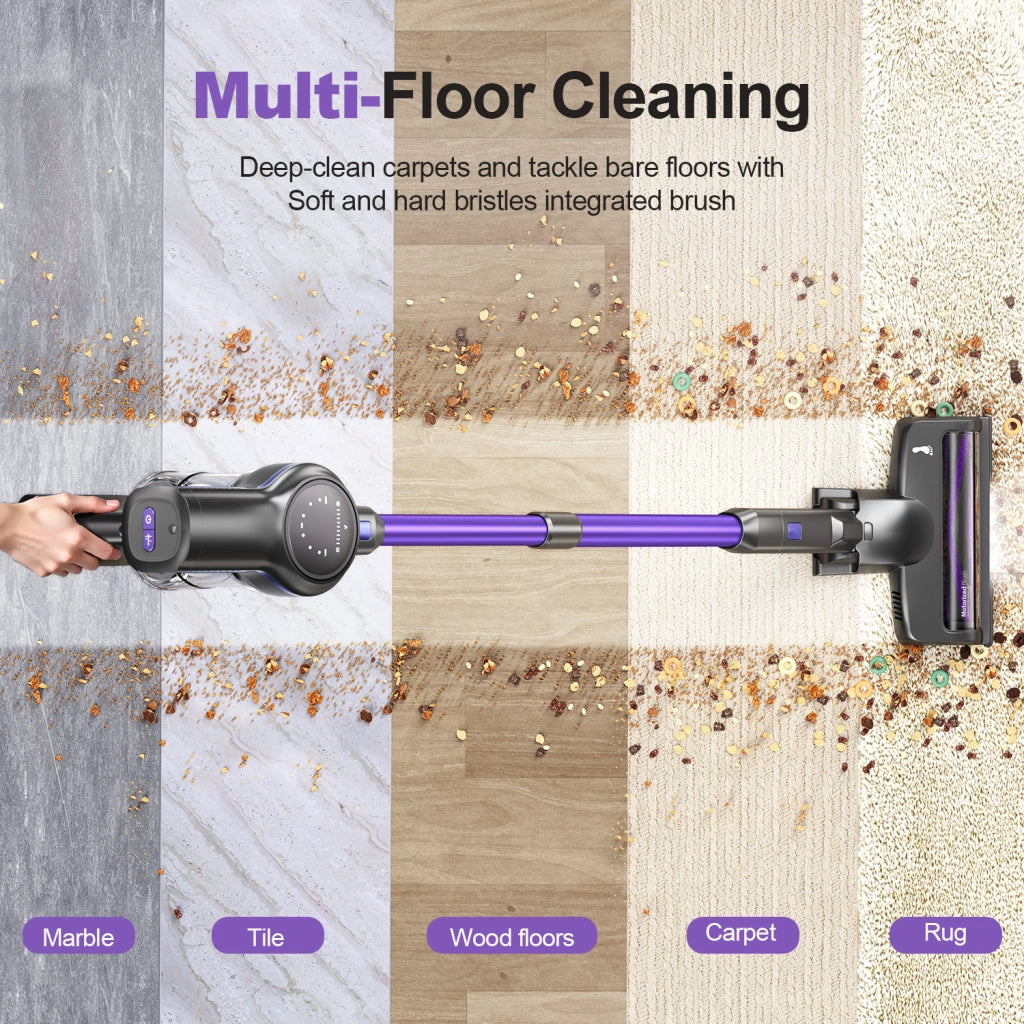 Aspirapolvere senza fili INSE S7P viola con display a LED e spazzola a rullo morbida.