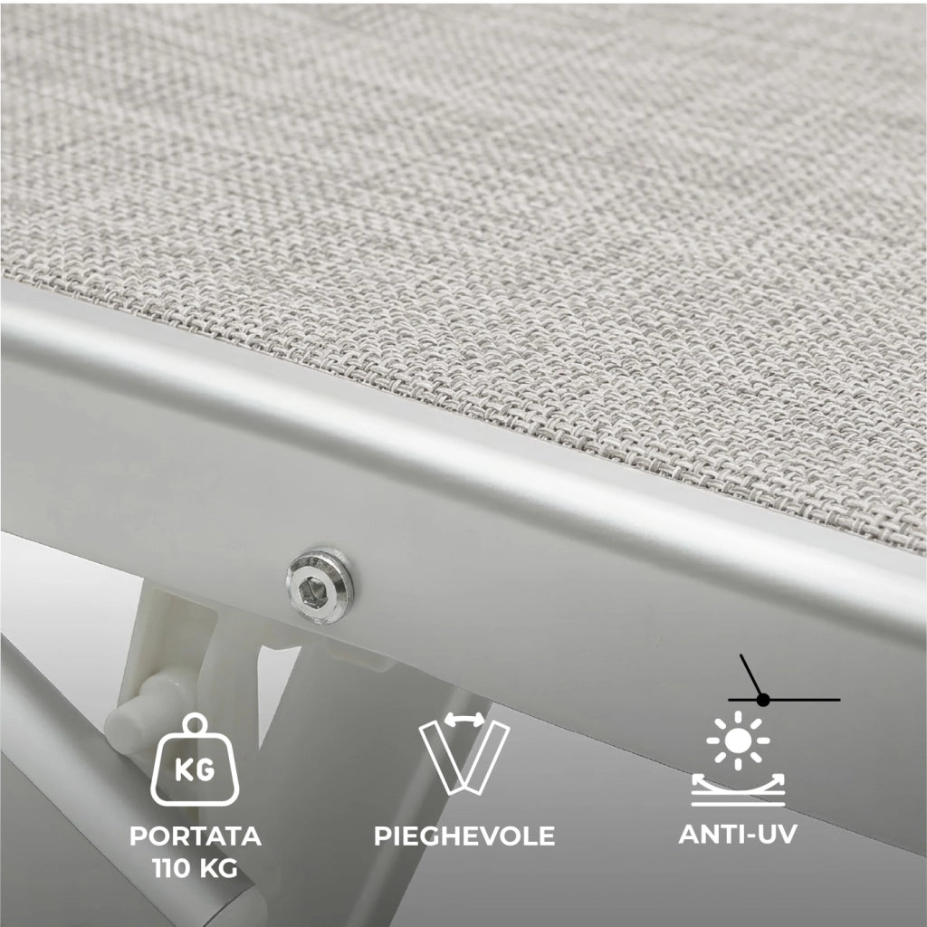 Lettino Prendisole Professionale Pieghevole e Impilabile con Parasole Regolabile, Schienale Reclinabile 2 Posizioni, Struttura in Alluminio, Tessuto Impermeabile UV Resistente, Portata 110 Kg Grigio