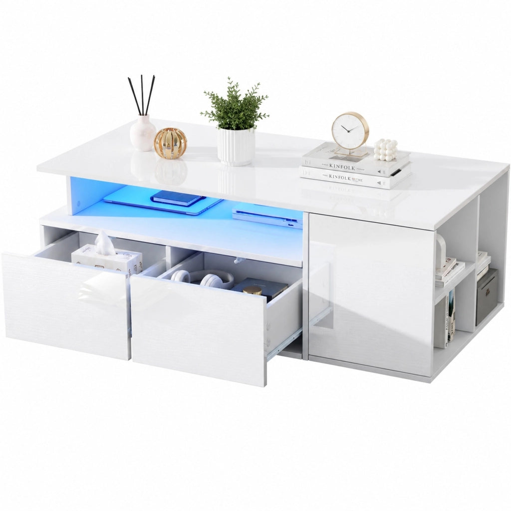 Tavolino da caff猫 con LED e 2 cassetti 100 x 50 x 35 cm bianco