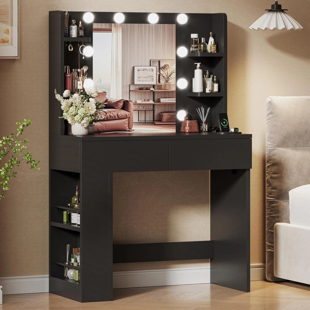 Tavolo da Trucco con Luci e Specchio, 55 x 45 cm, Comodino Moderno con Presa e Porte USB, 2 Cassetti e Scatola Laterale Regolabile, Mobile per il Make-up da Camera (Nero)