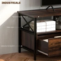 Mobile TV Industriale con 3 Cassetti e 3 Ripiani Aperti, in Legno e Acciaio, 147x40x50 cm, Nero e Marrone