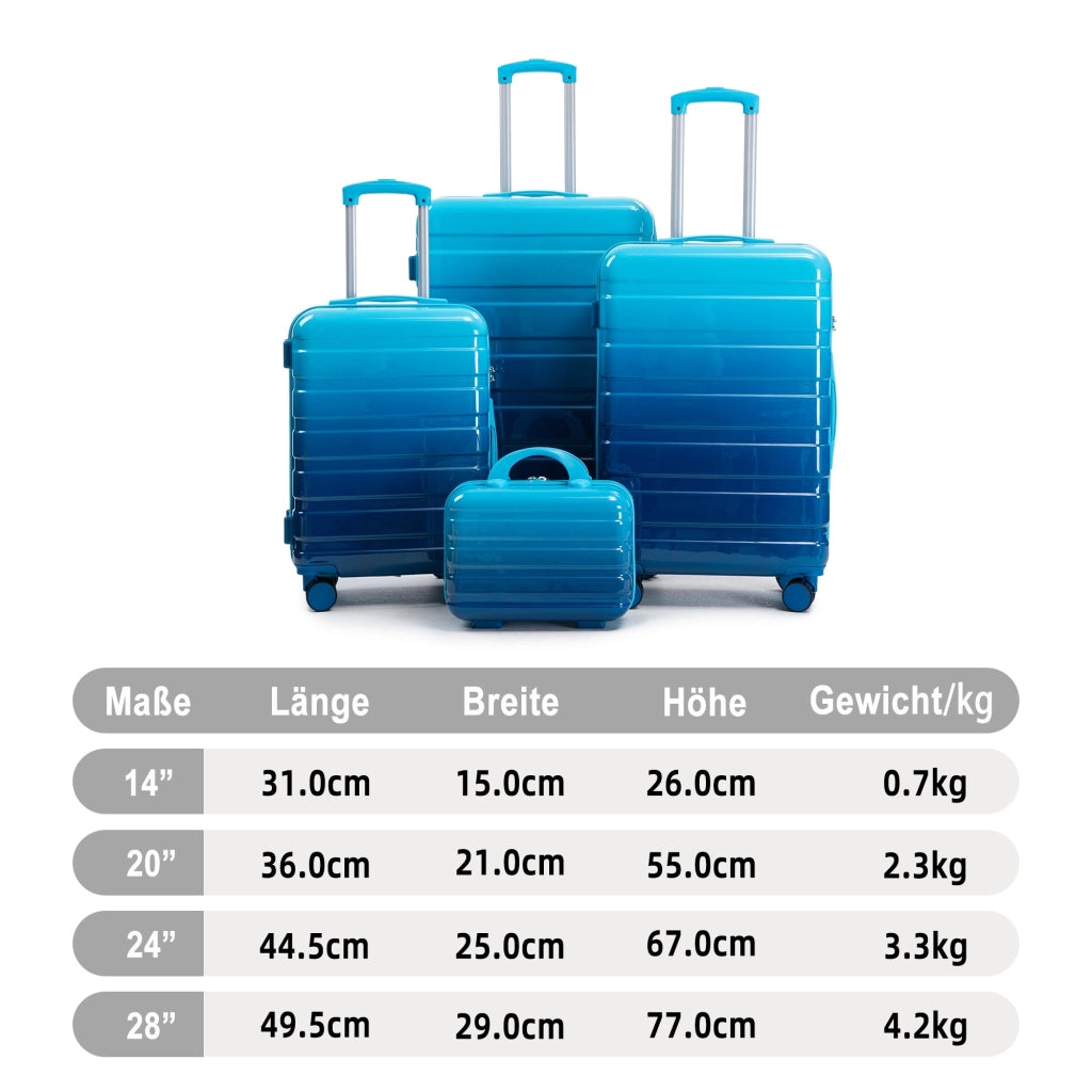 Set di 4 valigie rigide con trolley 360° in pc, manico telescopico a 3 livelli, blu 50.0 × 29.5 × 77.5 cm