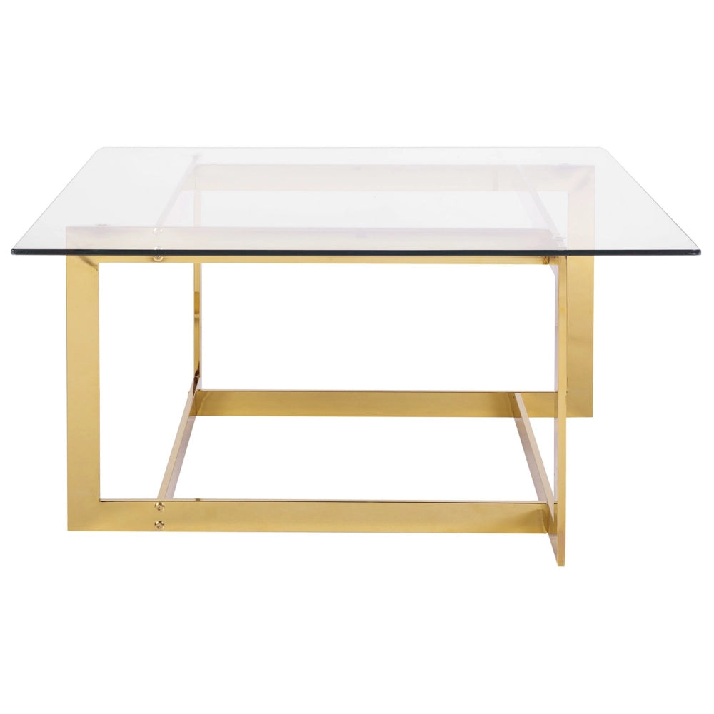Tavolino da caffè con struttura in metallo dorato e piano quadrato in vetro dal design glam geometrico