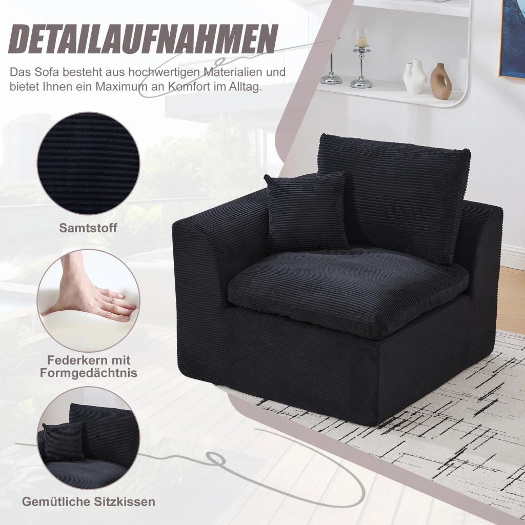 OKWISH Poltrona in Velluto a Coste, Seduta Imbottita con Cuscino Schienale, Design Minimalista, Nero